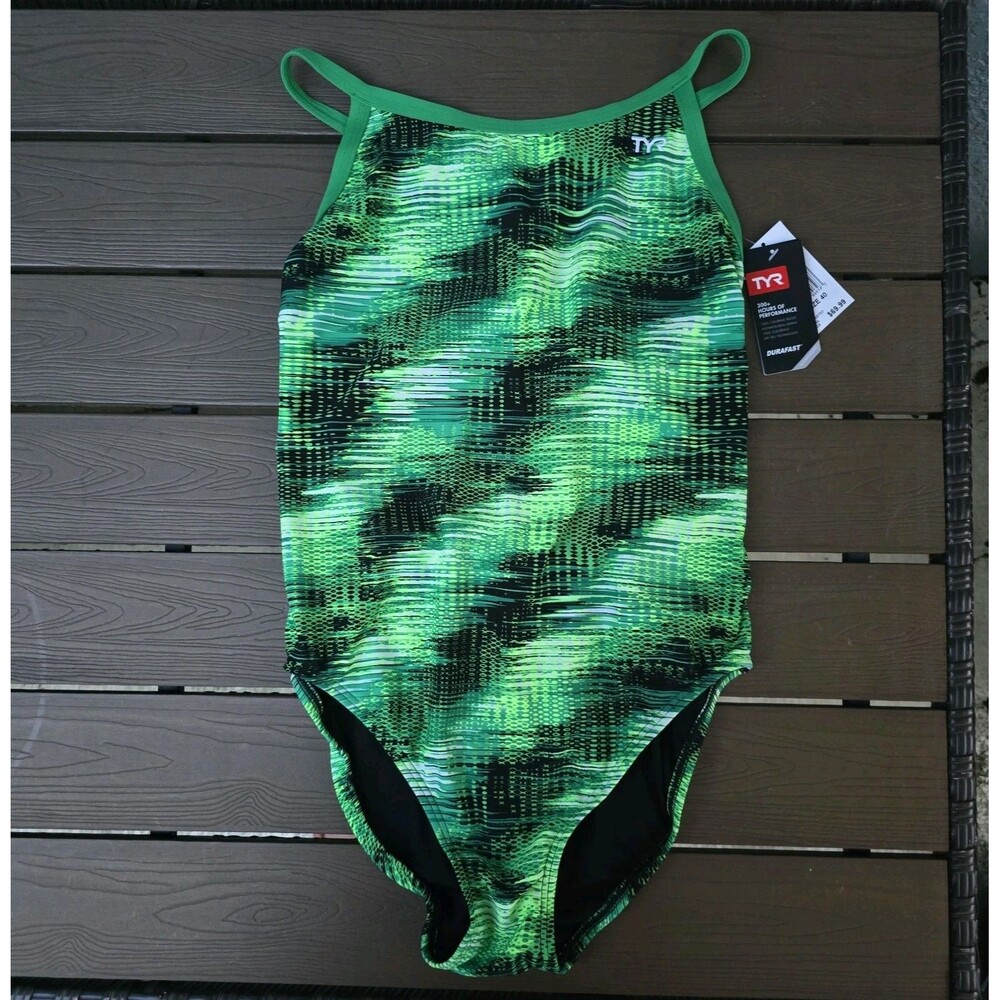 TYR Durafast Surge Green/black DiamondFit One Piece Women Swim Size 40 New